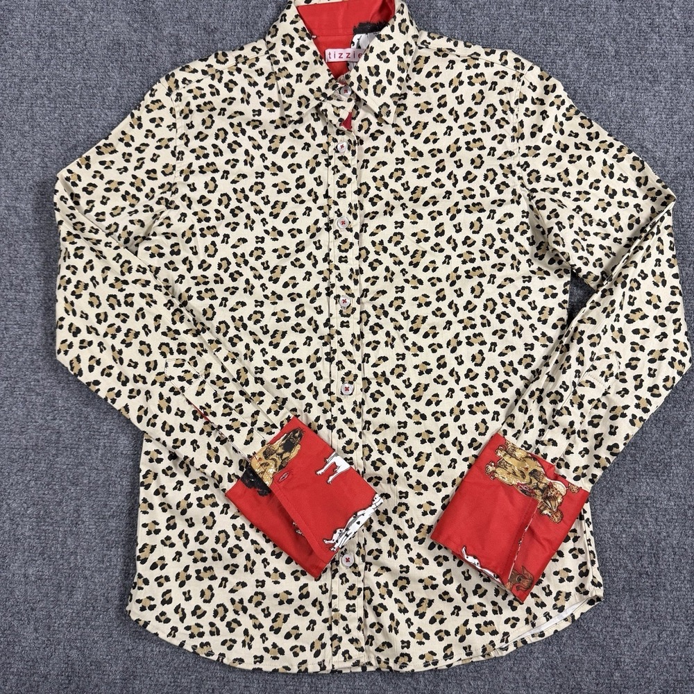 Tizzie Top Womens XS Leopard Button Up Contrast Cuff Dog Stretch Button Up